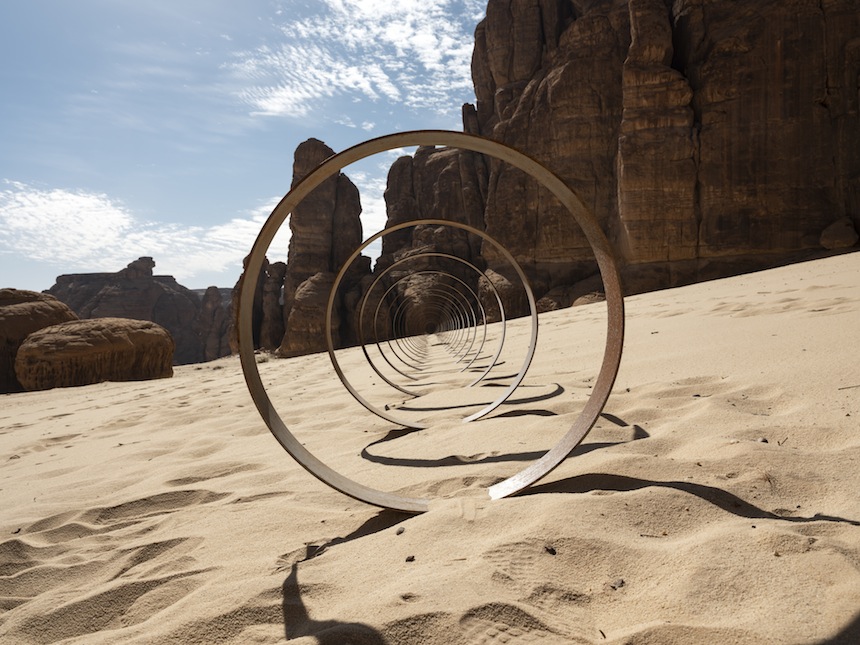 Rayyane Tabet, Steel Rings, from the series, The Shortest Distance Between Two Points, installation view at Desert X AlUla, photo Lance Gerber, courtesy the artist and Sfeir-Semler Gallery Beirut/Hamburg and Desert X AlUla